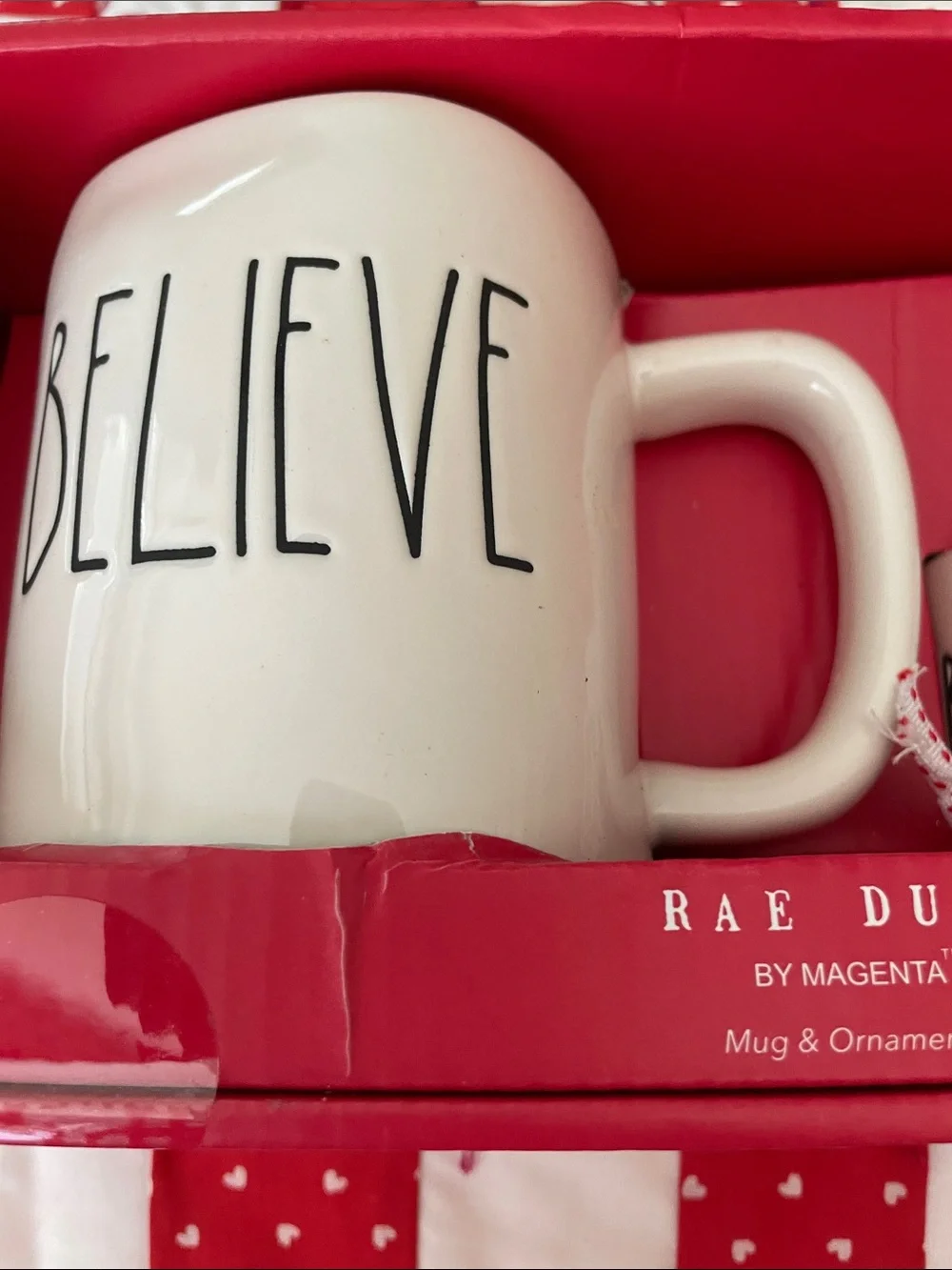 New in Box Rae Dunn White 'BELIEVE' Ceramic Mug & Ornament Set with Red Accents